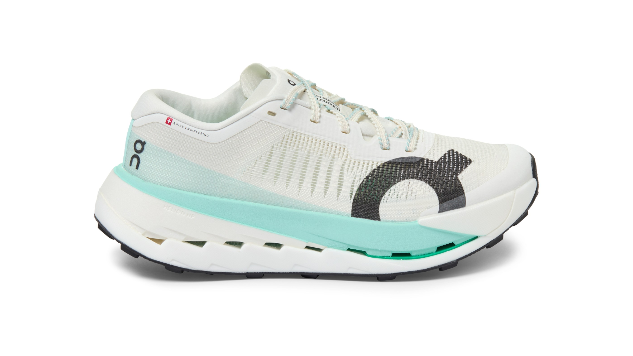 Off-white On Cloudultra Pro trail running shoe featuring a mint green midsole stripe and a dark gray logo on the side.